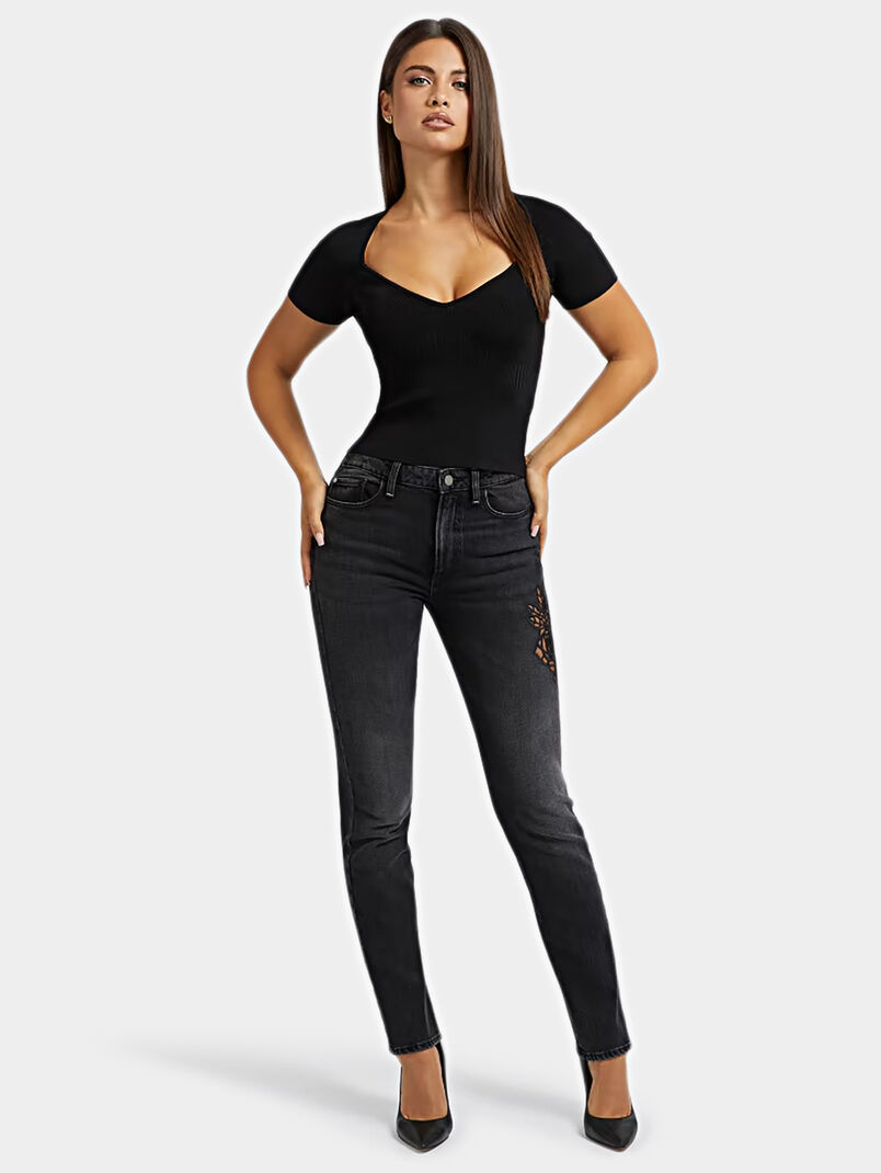 Black high-waisted jeans with embroidery - 3