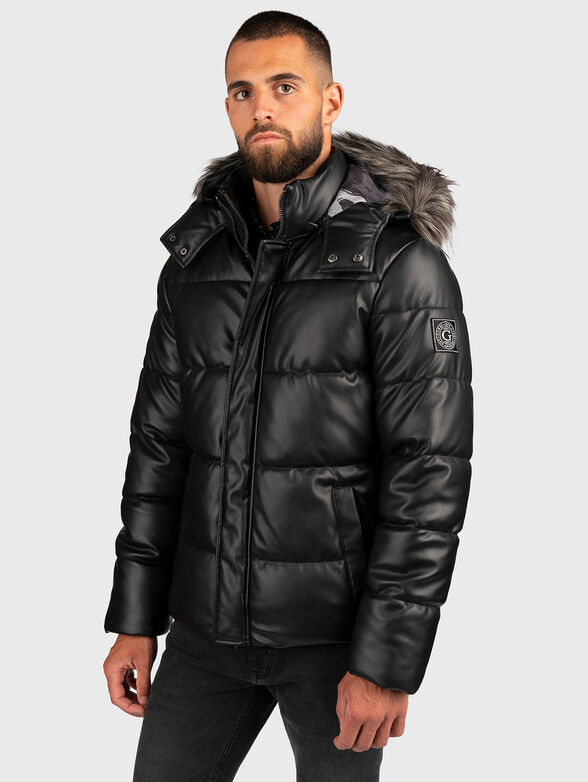 Padded black eco leather jacket - 1