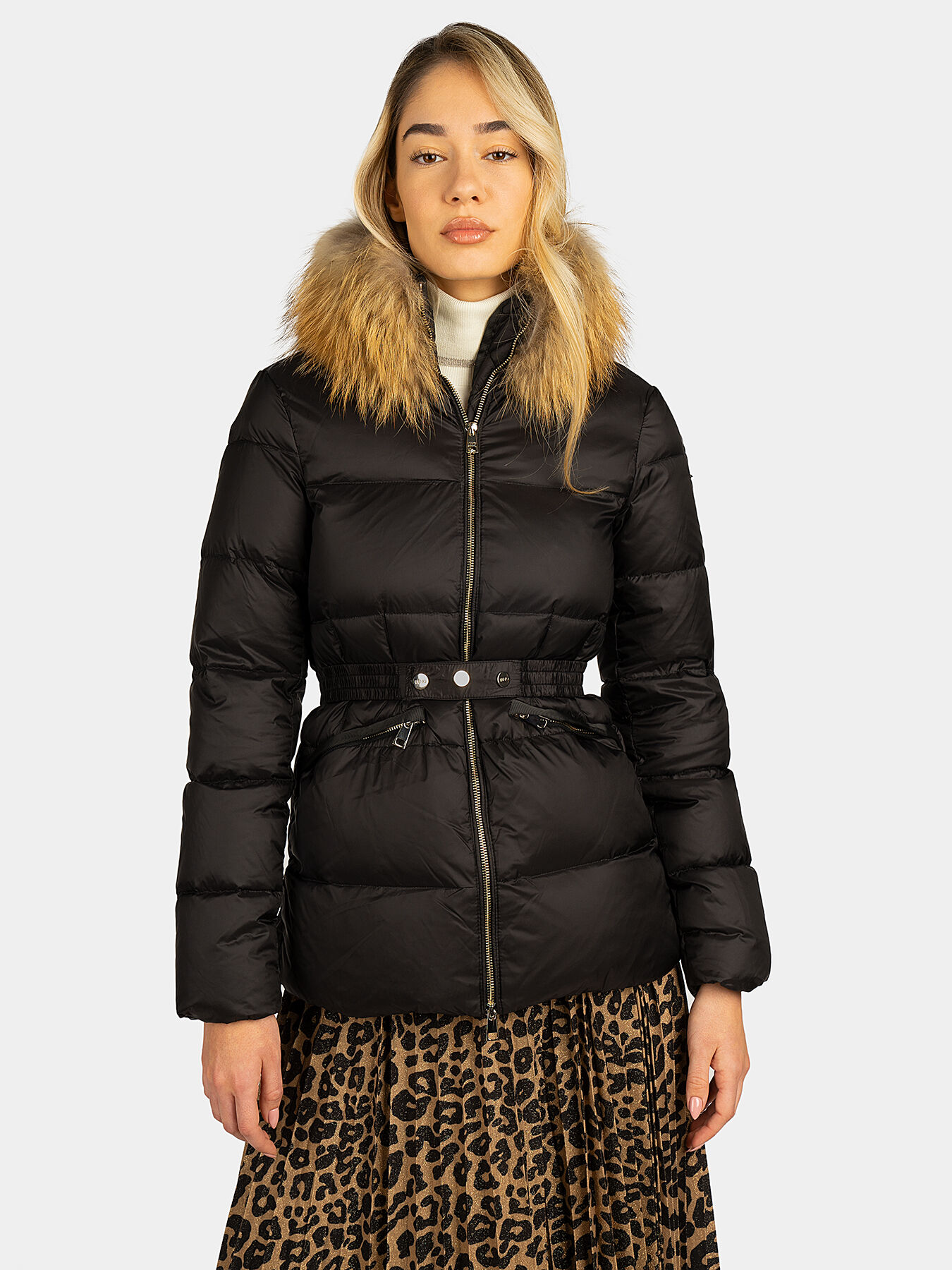 Padded jacket with faux fur collar in beige color brand LIU JO Globalbrandsstore en