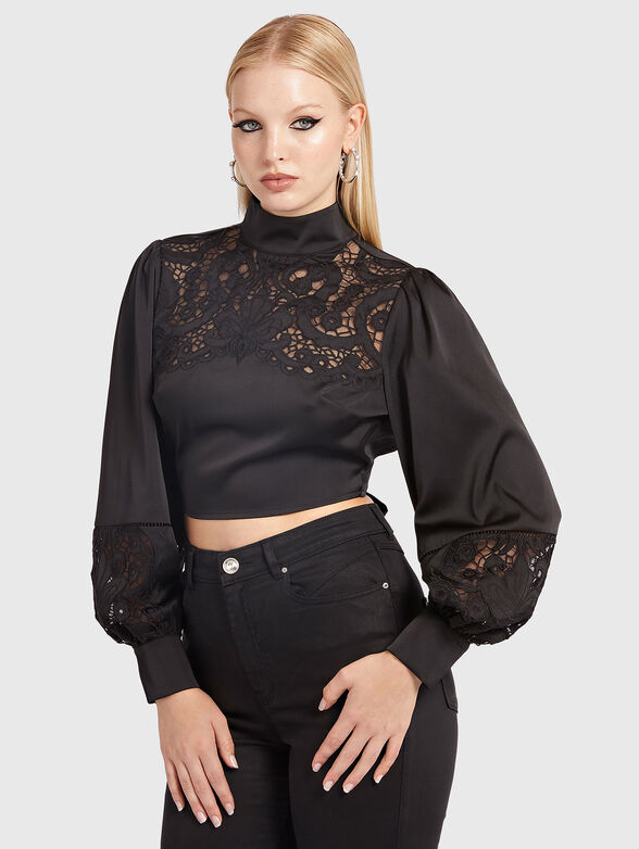 Black blouse with accent back and puff sleeve - 1