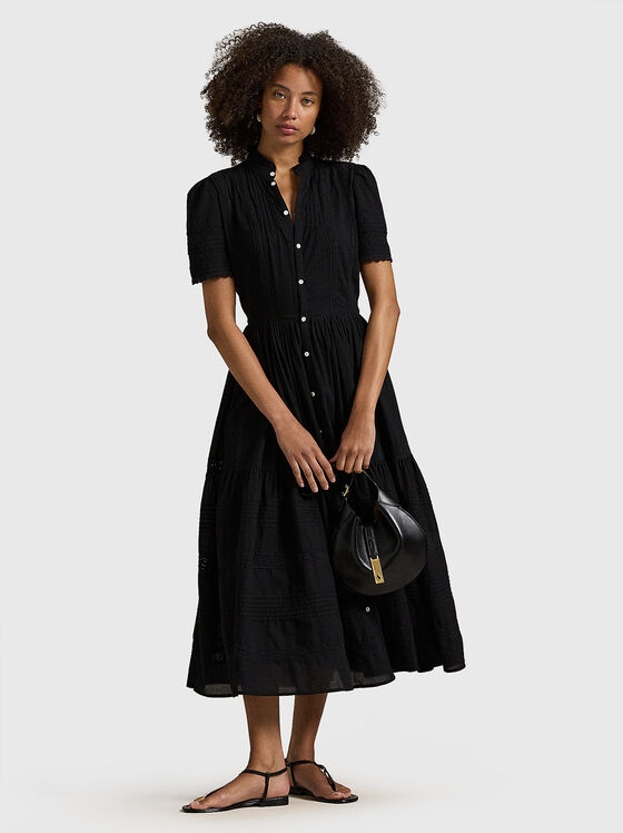 Миди черна рокля с контрастни копчета - 1