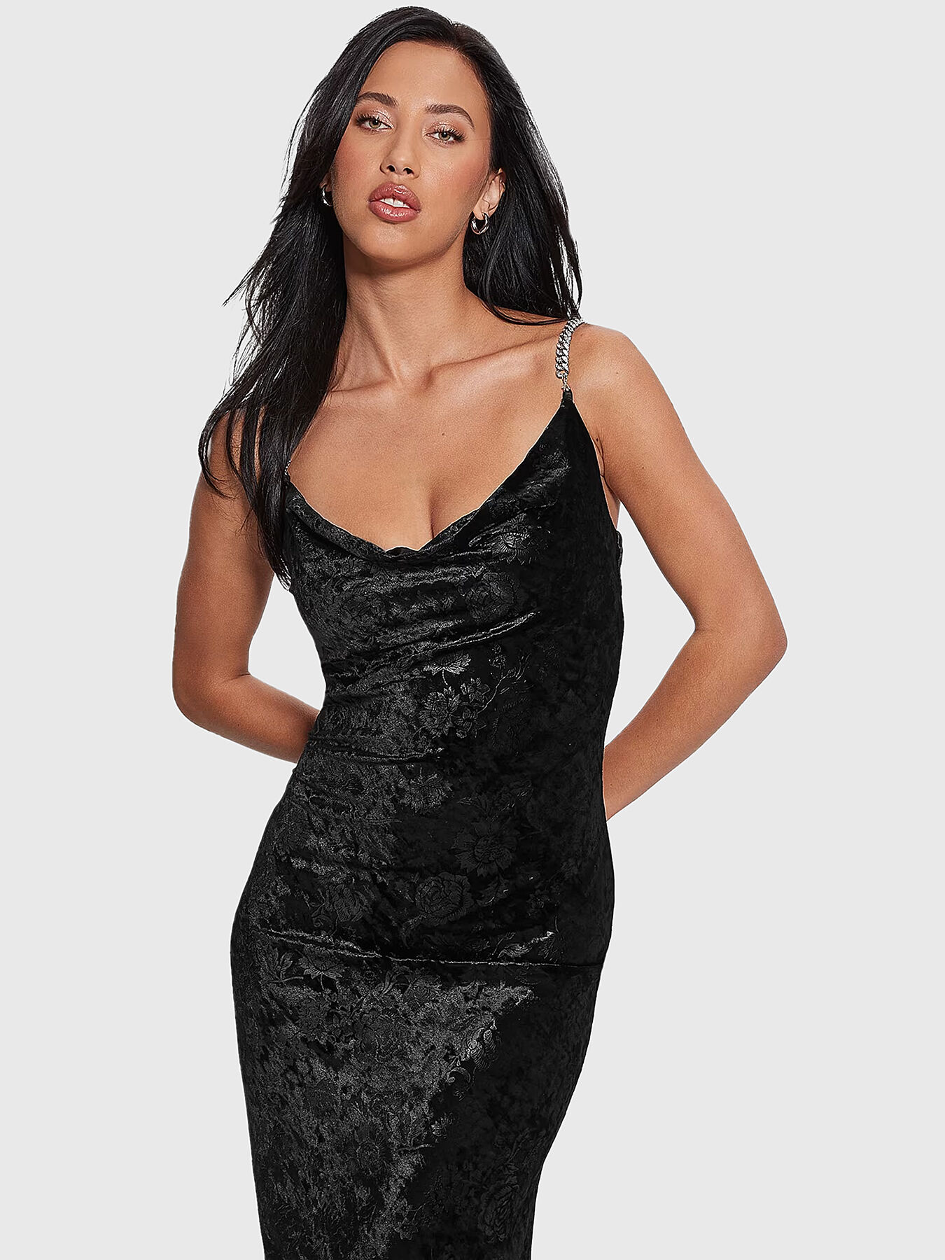 AIDA black velvet midi dress brand GUESS Globalbrandsstore en