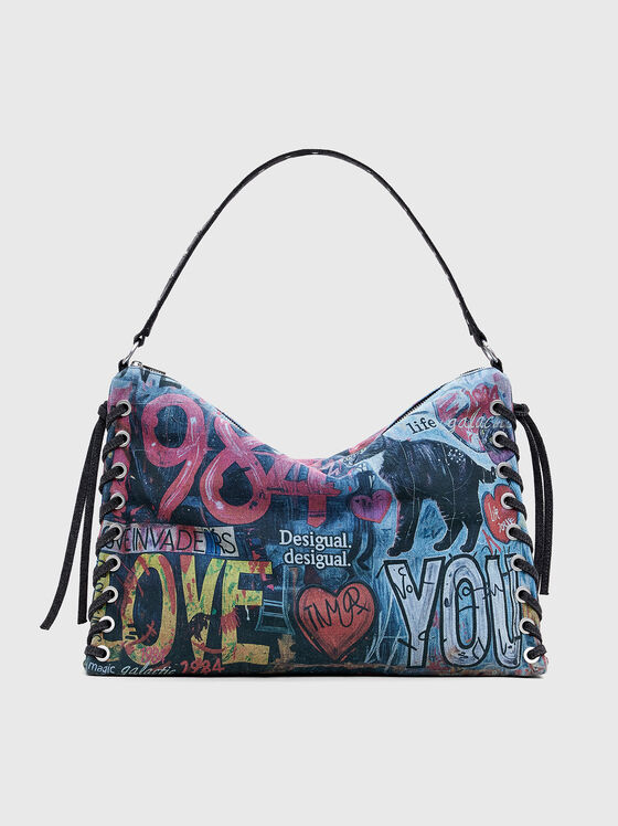 Голяма дънкова чанта с принт и регулируема дръжка - 1