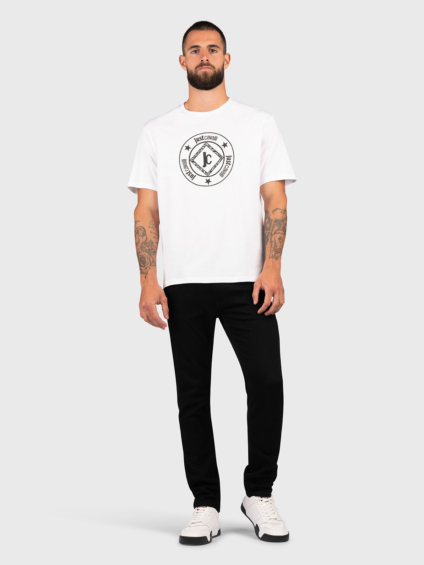 Tシャツ・カットソー JUST CAVALLI Men T-shirt White 78OAHT16CJ500 003 JUST CAVALLI Men's White Short Sleeve T-Shirt with Vibrant