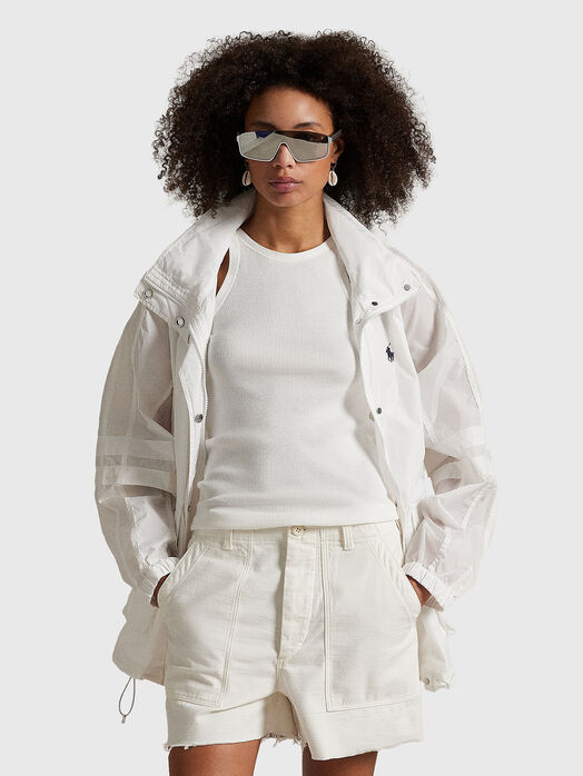 White jacket with high collar and logo embroidery