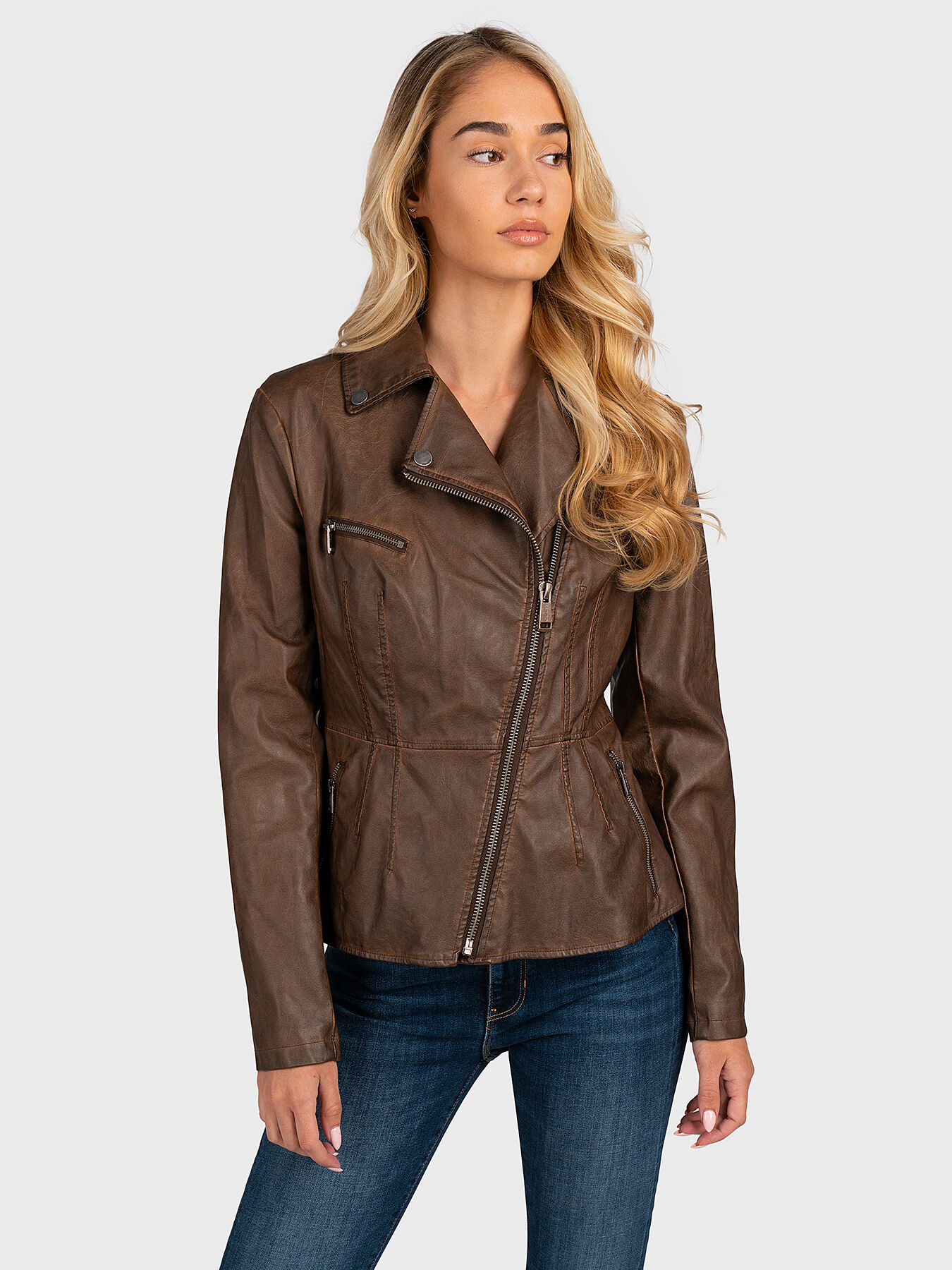Guess leather jacket brown online