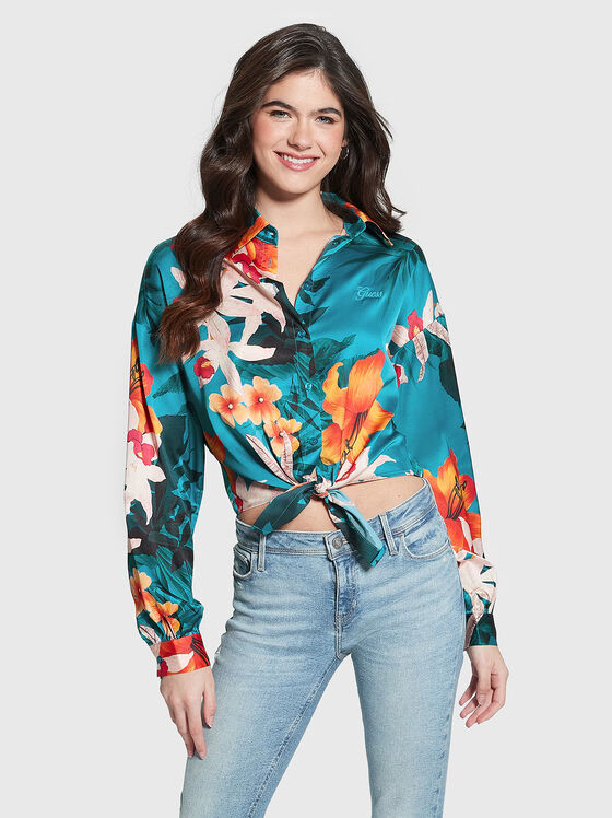 Shirt with floral print and ribbon - 1
