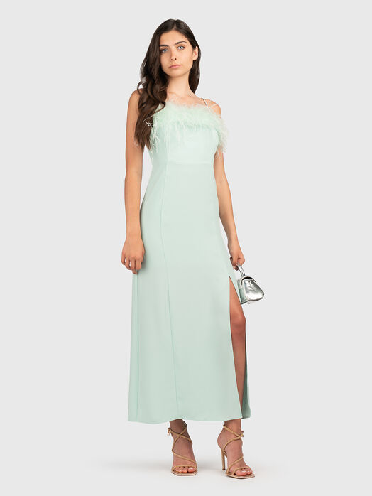 Maxi dress with slit and feathers
