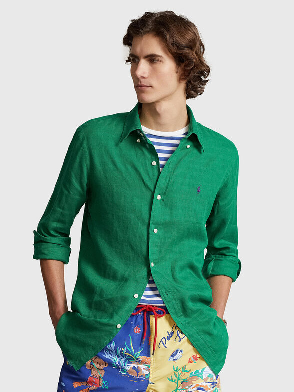 Green linen shirt with logo detail - 1