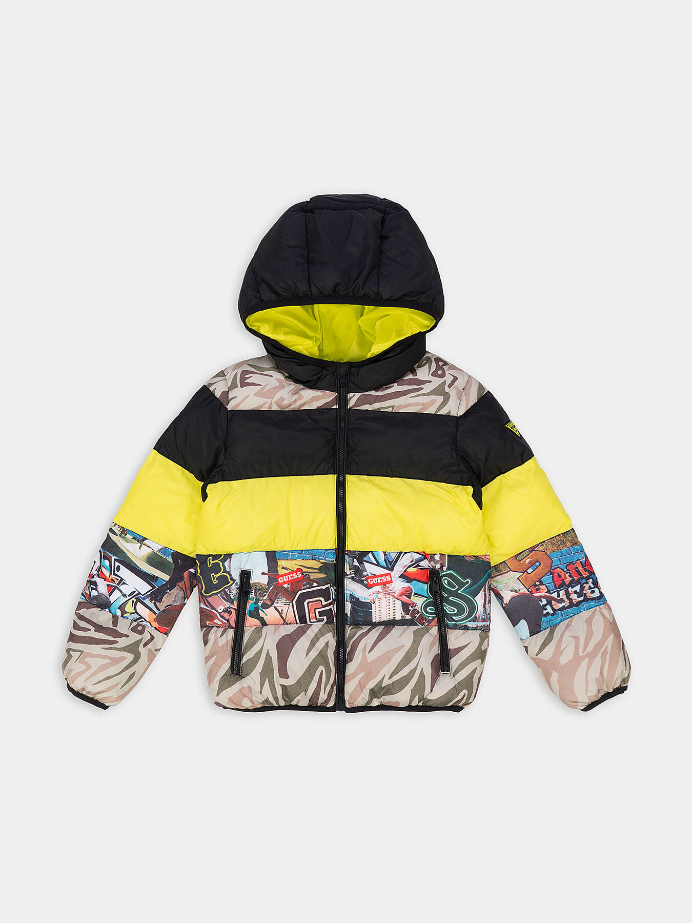 Padded jacket with hood and color block effect brand GUESS Globalbrandsstore en