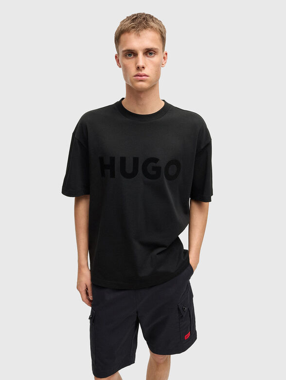 Cotton T-shirt with oval neckline in beige - 1