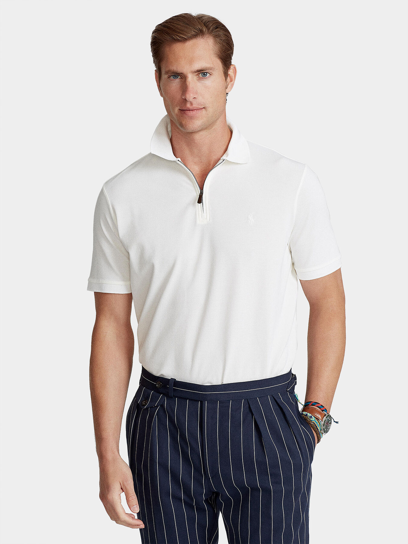 White polo with zip top