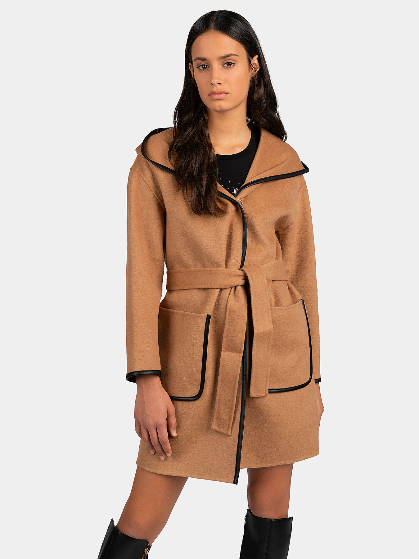 Black coat with leather details and belt brand LIU JO —  Globalbrandsstore.com/en
