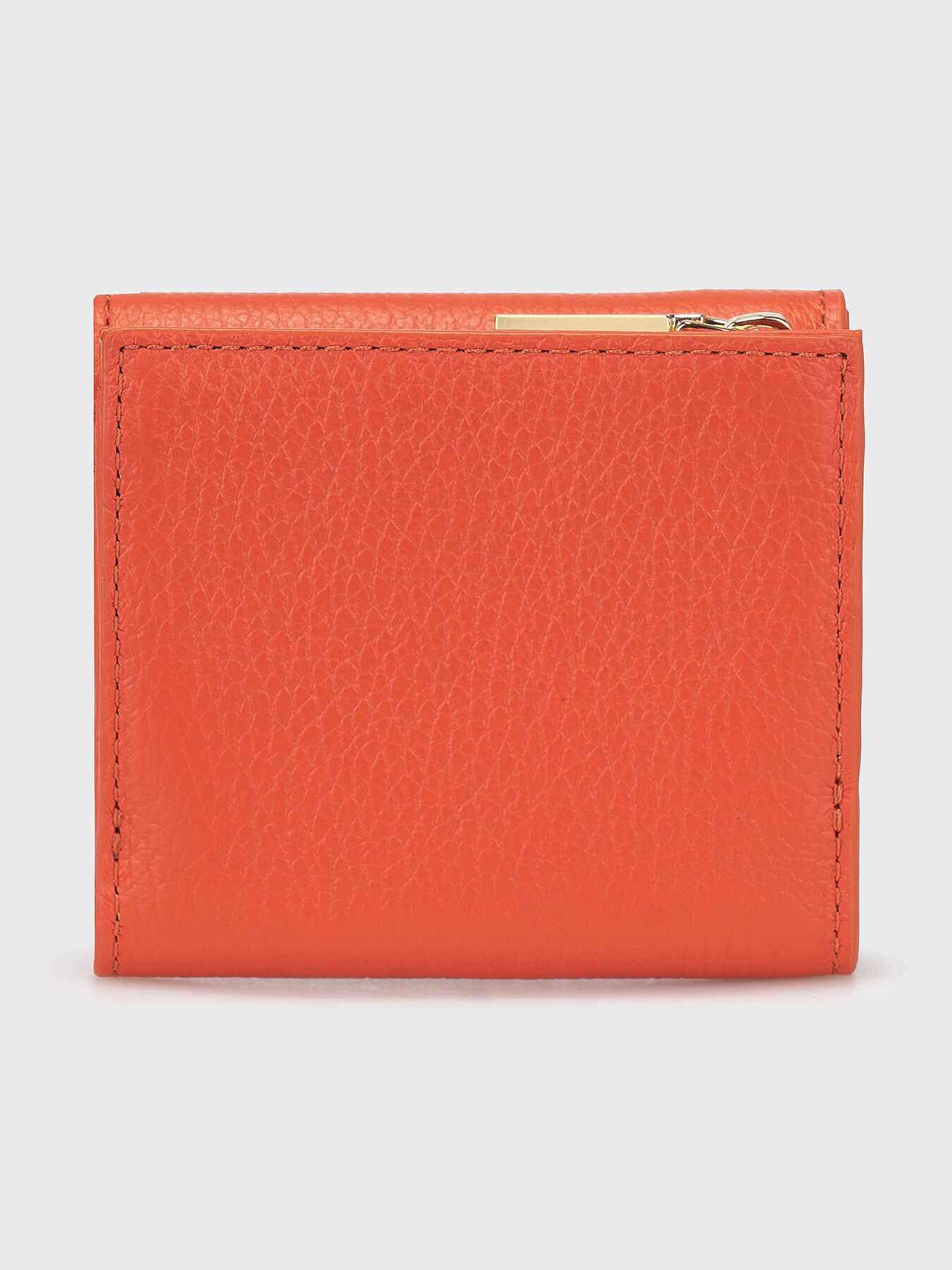Leather wallet with gold logo in orange colour brand