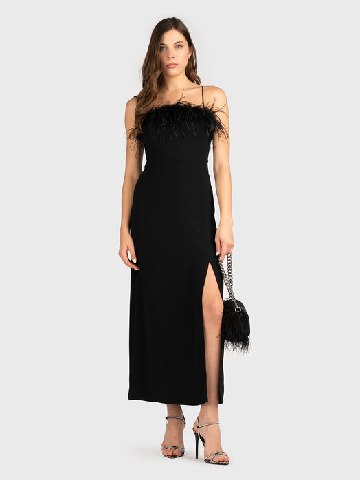 Maxi dress with slit and feathers