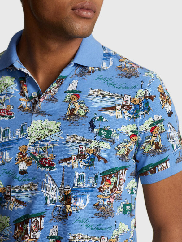 Blue polo shirt with multicolour print - 4