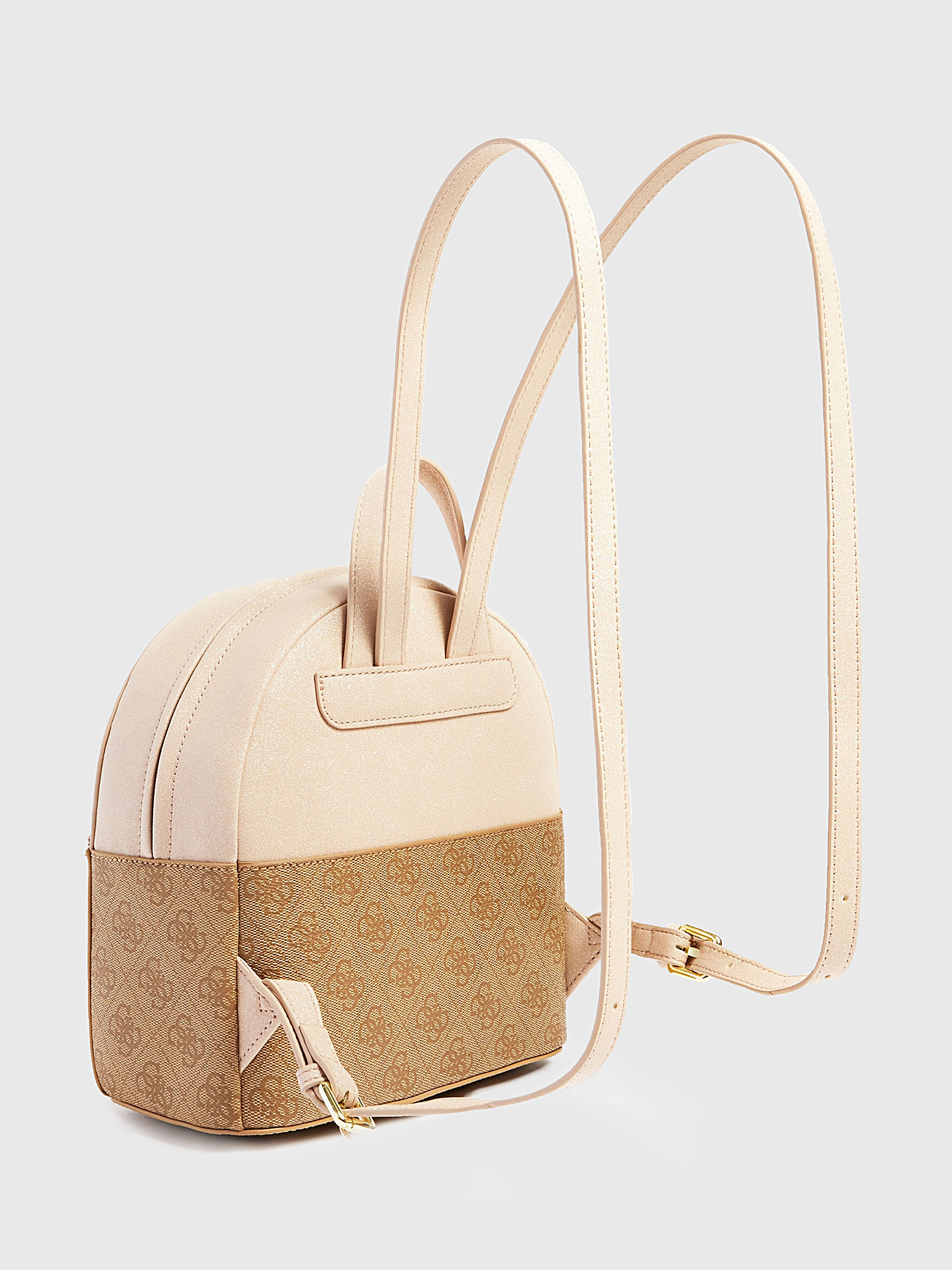 Beige backpack with gold colored logo brand GUESS Globalbrandsstore en