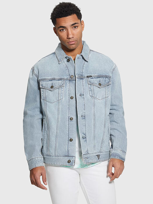 Blue oversized denim jacket with print