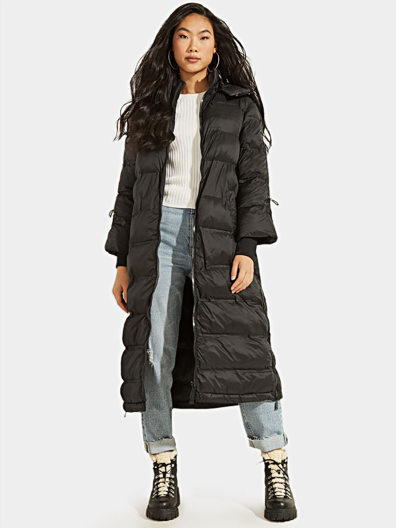 Long padded jacket BRUNELLA in black color brand GUESS Globalbrandsstore en