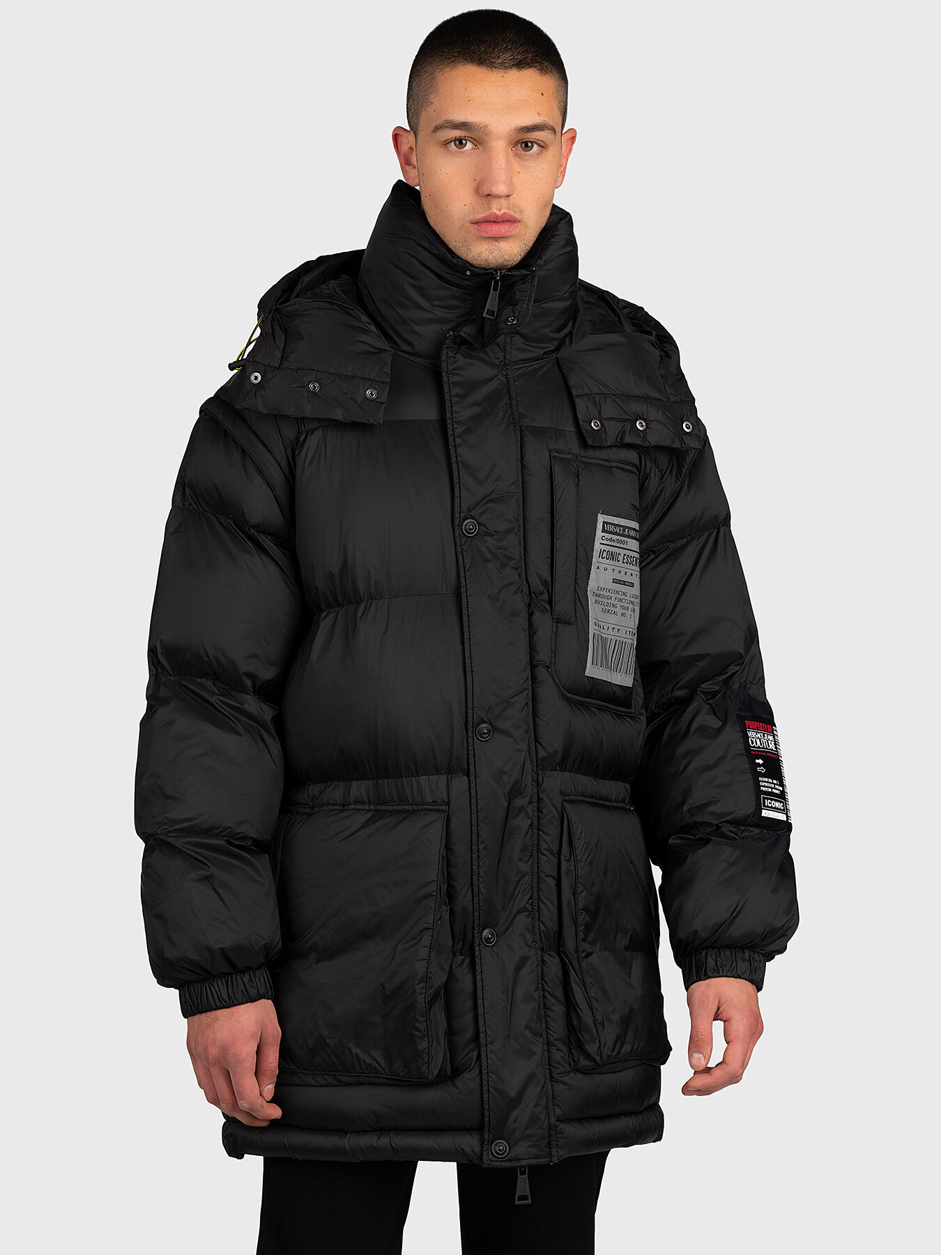 Padded jacket with barcode print on the back brand VERSACE