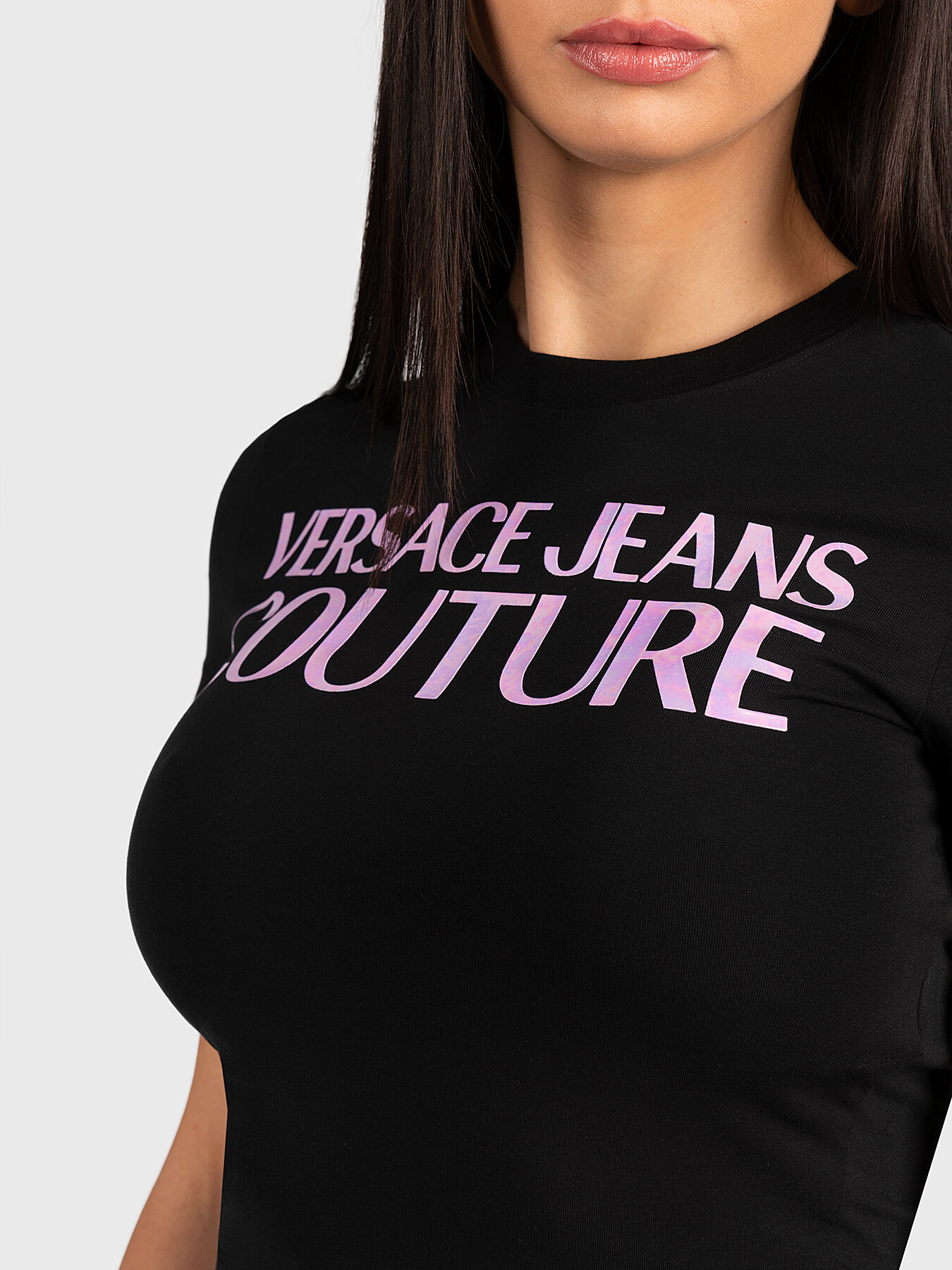 Cropped T-shirt with hologram logo brand VERSACE JEANS