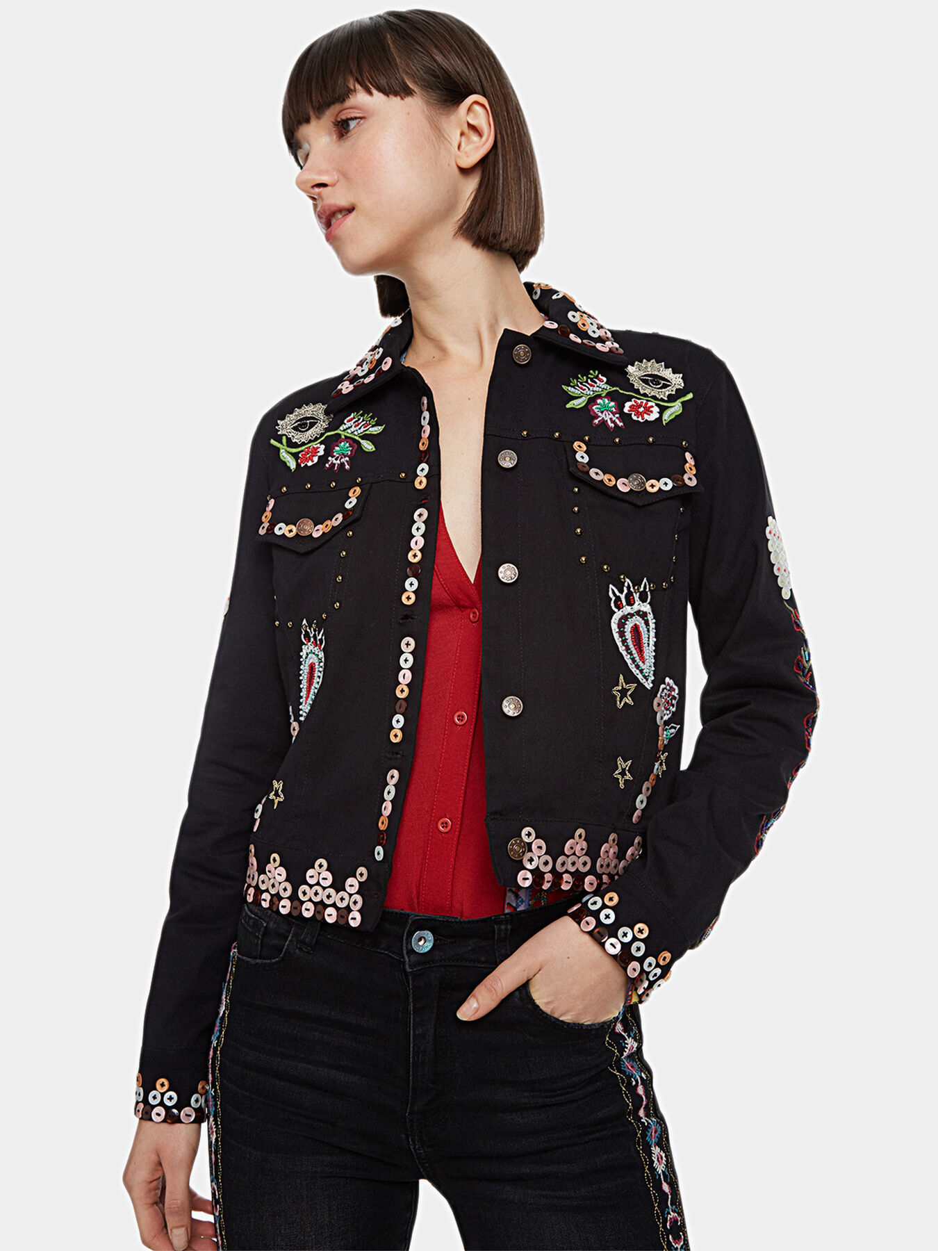 Cropped denim jacket with art details brand DESIGUAL