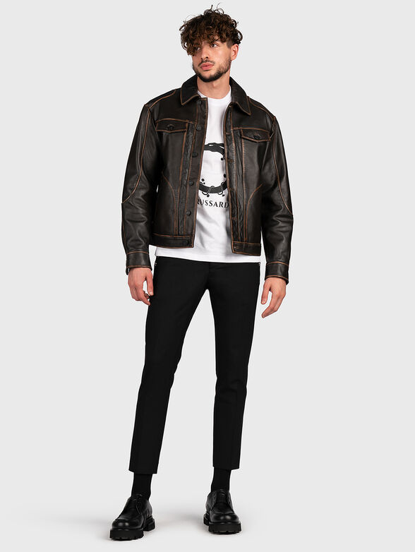 Dark brown leather jacket with buttons - 2