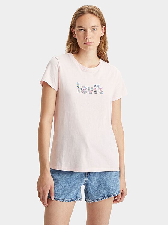 Розова тениска с флорален лого принт - 1