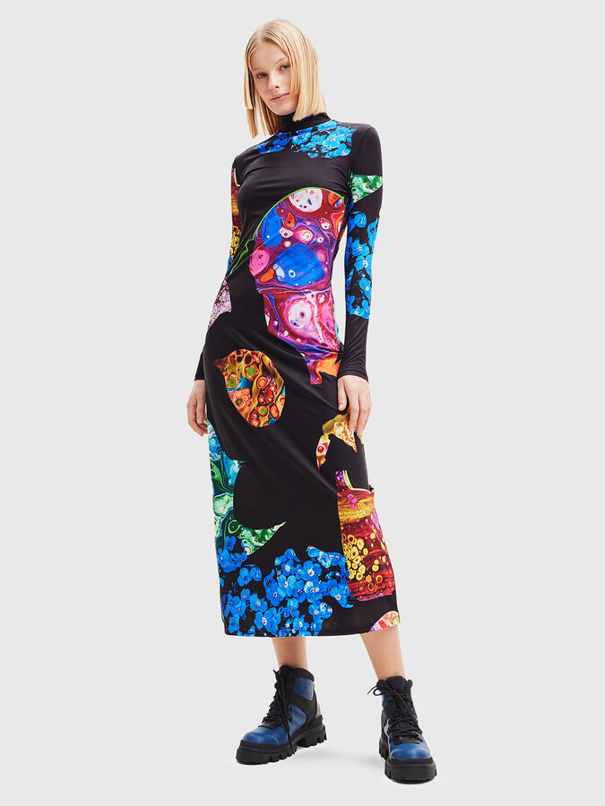 knee length dresses for ladies Desigual Black and Pink Floral Sleeveless V-Neck Midi Dress