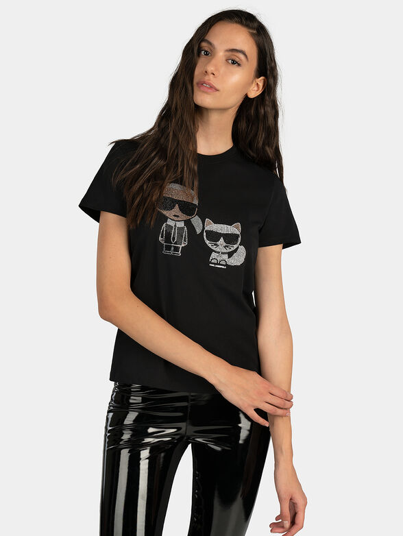 Cotton T-shirt with rhinestone logo print - 1