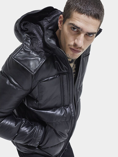 Padded leather jacket with hood - 3