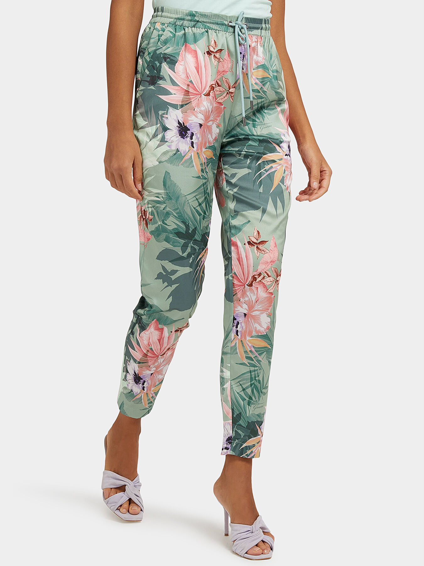VIOLA satin pants with floral print brand GUESS Globalbrandsstore en