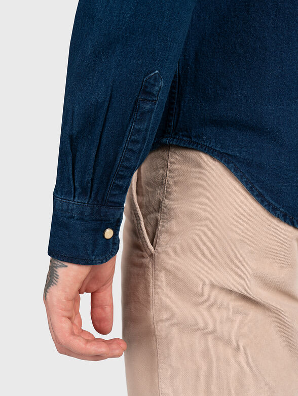 Dark blue cotton blend denim shirt - 3