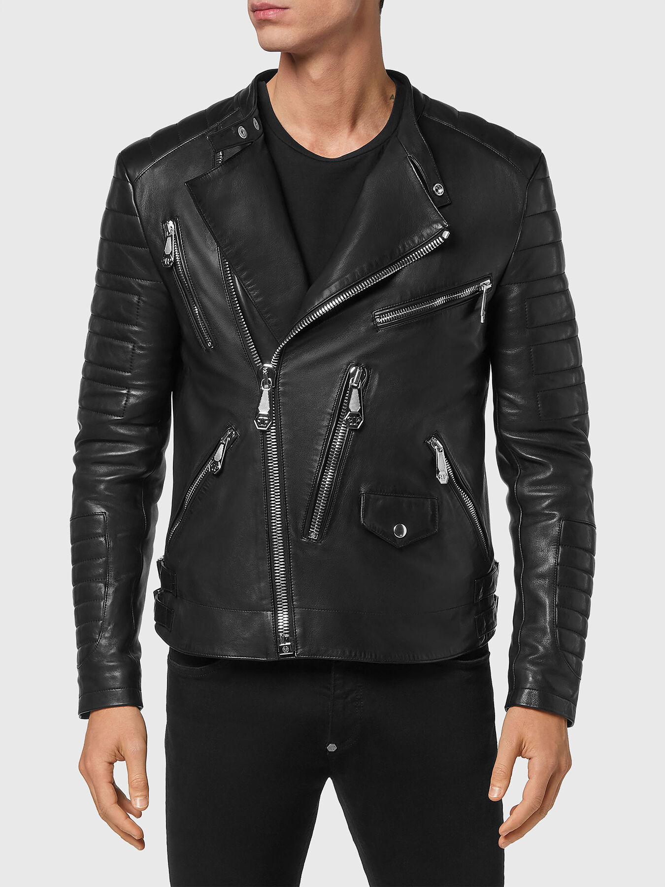 ICONIC P leather biker jacket with logo on the back brand PHILIPP PLEIN Globalbrandsstore en