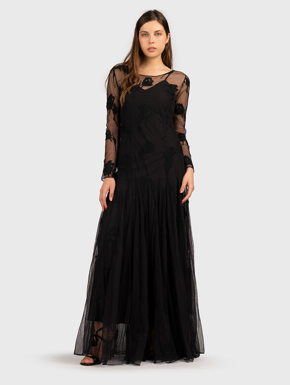 Long black dress with floral details - 0