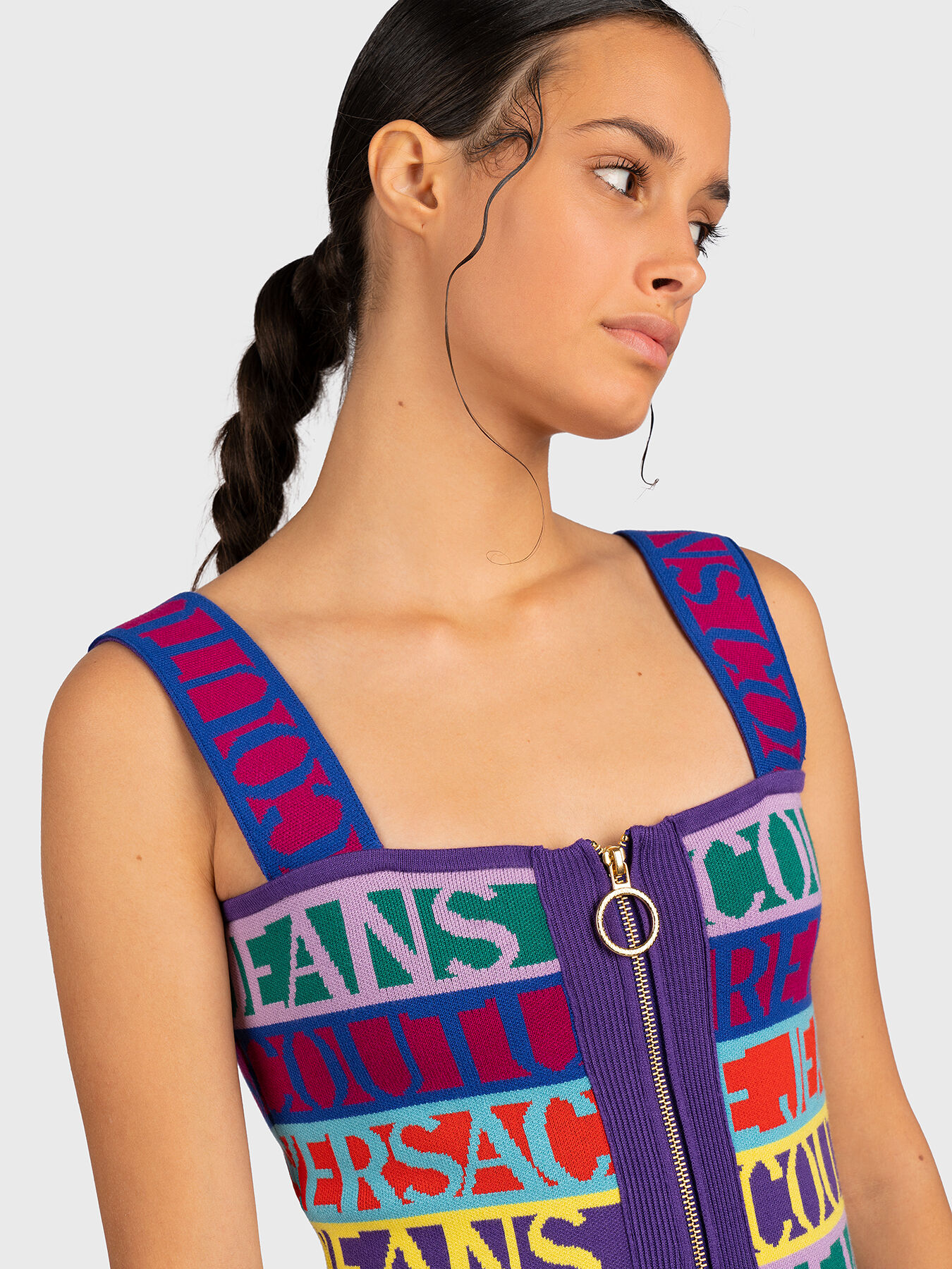 Dress with zip and multicolor logo prints brand VERSACE