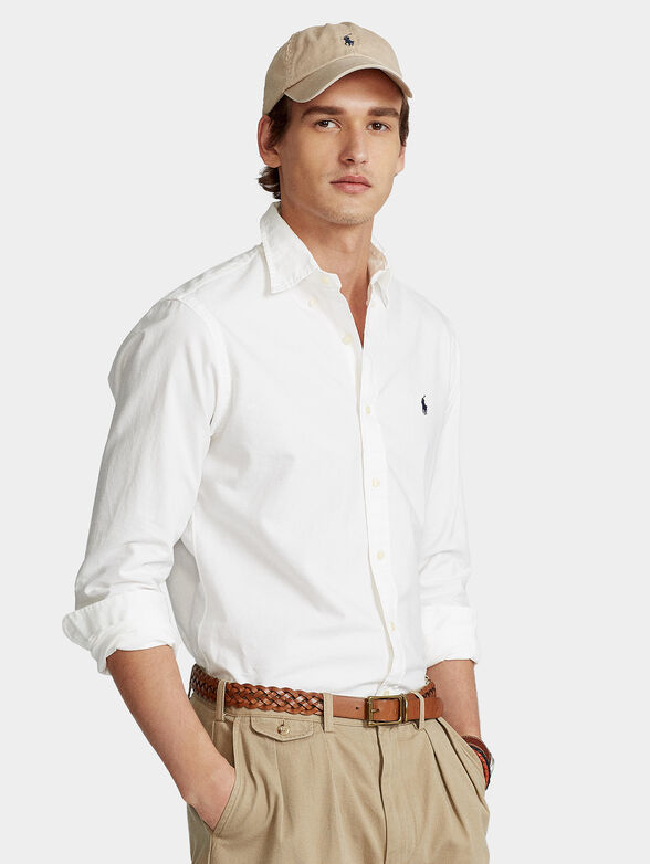 White cotton shirt with contrast logo embroidery - 1