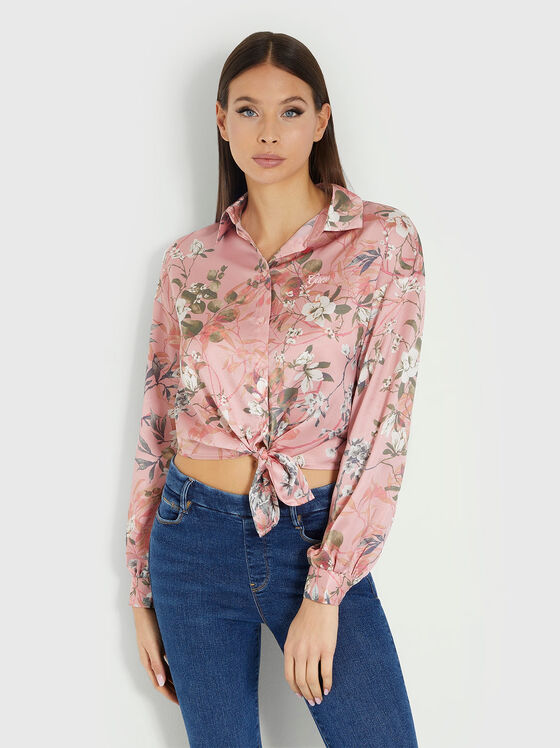 Розова риза с флорален принт и панделка - 1