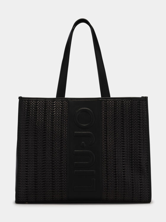 Голяма черна чанта с преплетена текстура - 1
