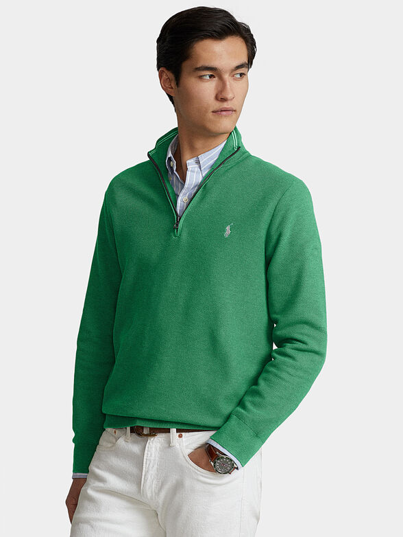 Sweater with zip in green colour and logo embroidery - 1