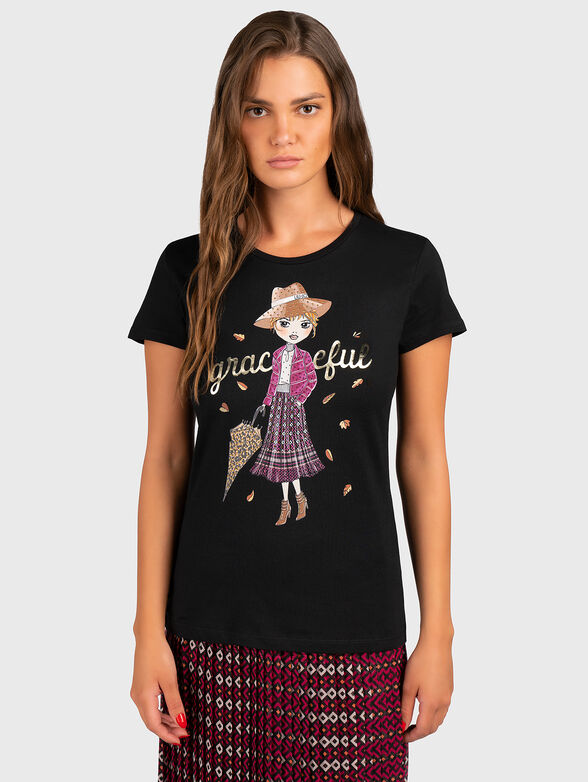 Black T-shirt with an attractive print - 1