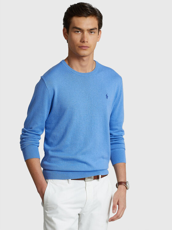 Син пуловер с бродирано лого - 1