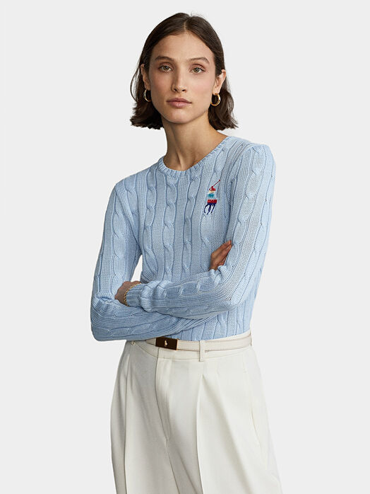 Blue sweater with multicolor logo embroidery