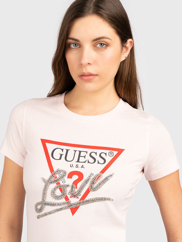 Cotton T-shirt with logo print and rhinestones - 4