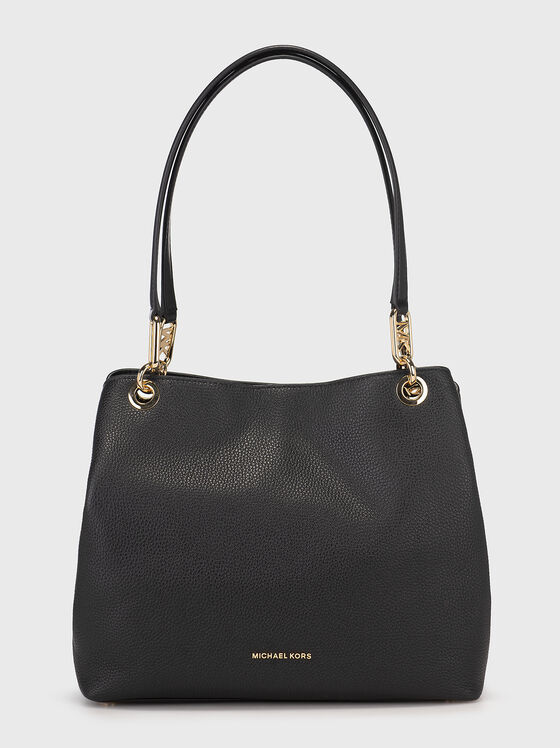 Черна кожена чанта с лого детайл  - 1