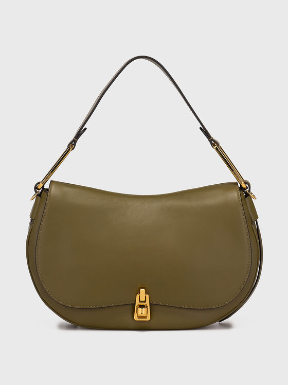 Зелена кожена чанта с дълга текстилна дръжка - 1