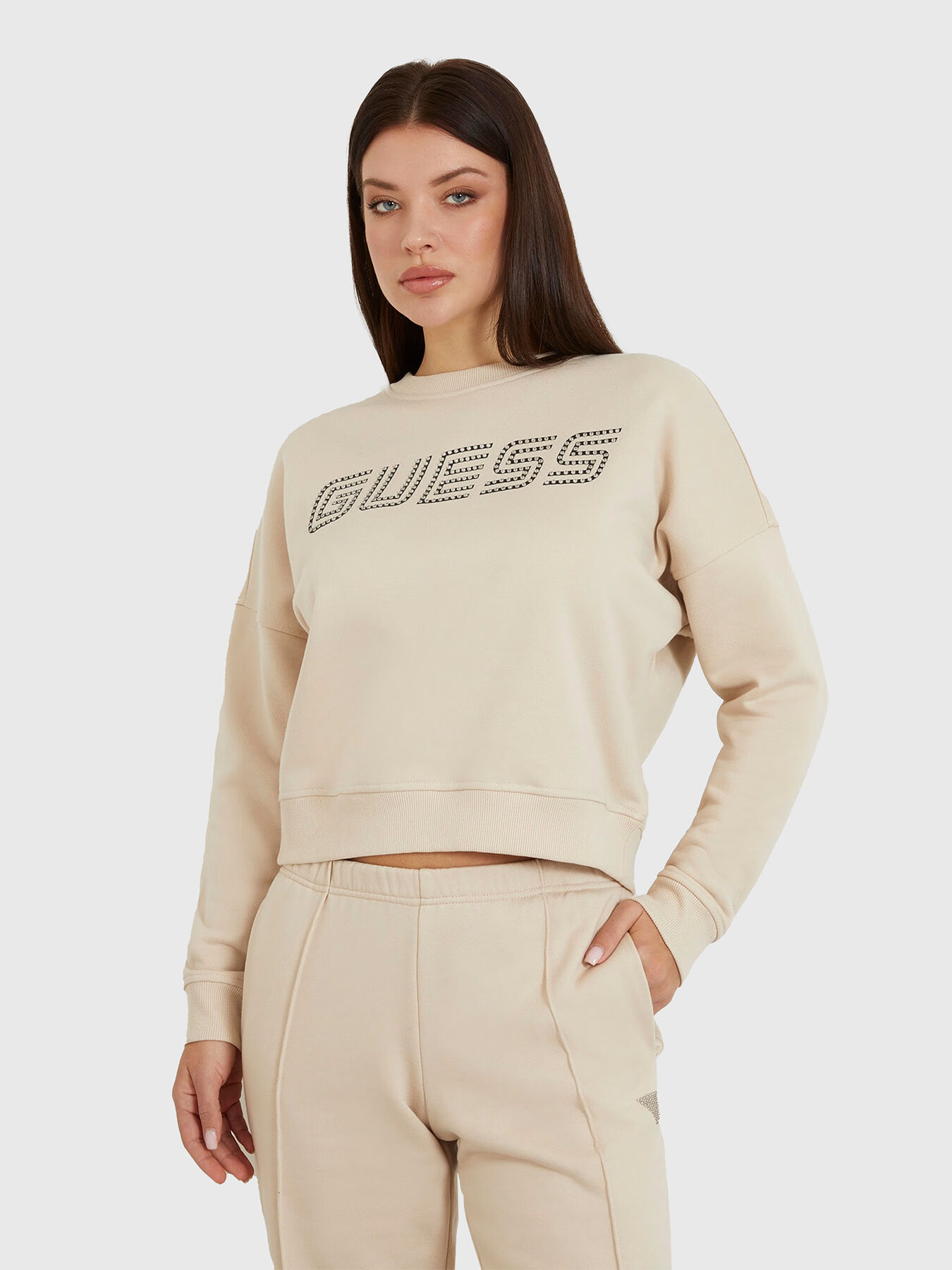 SKYLAR beige sweatshirt with logo accent brand GUESS