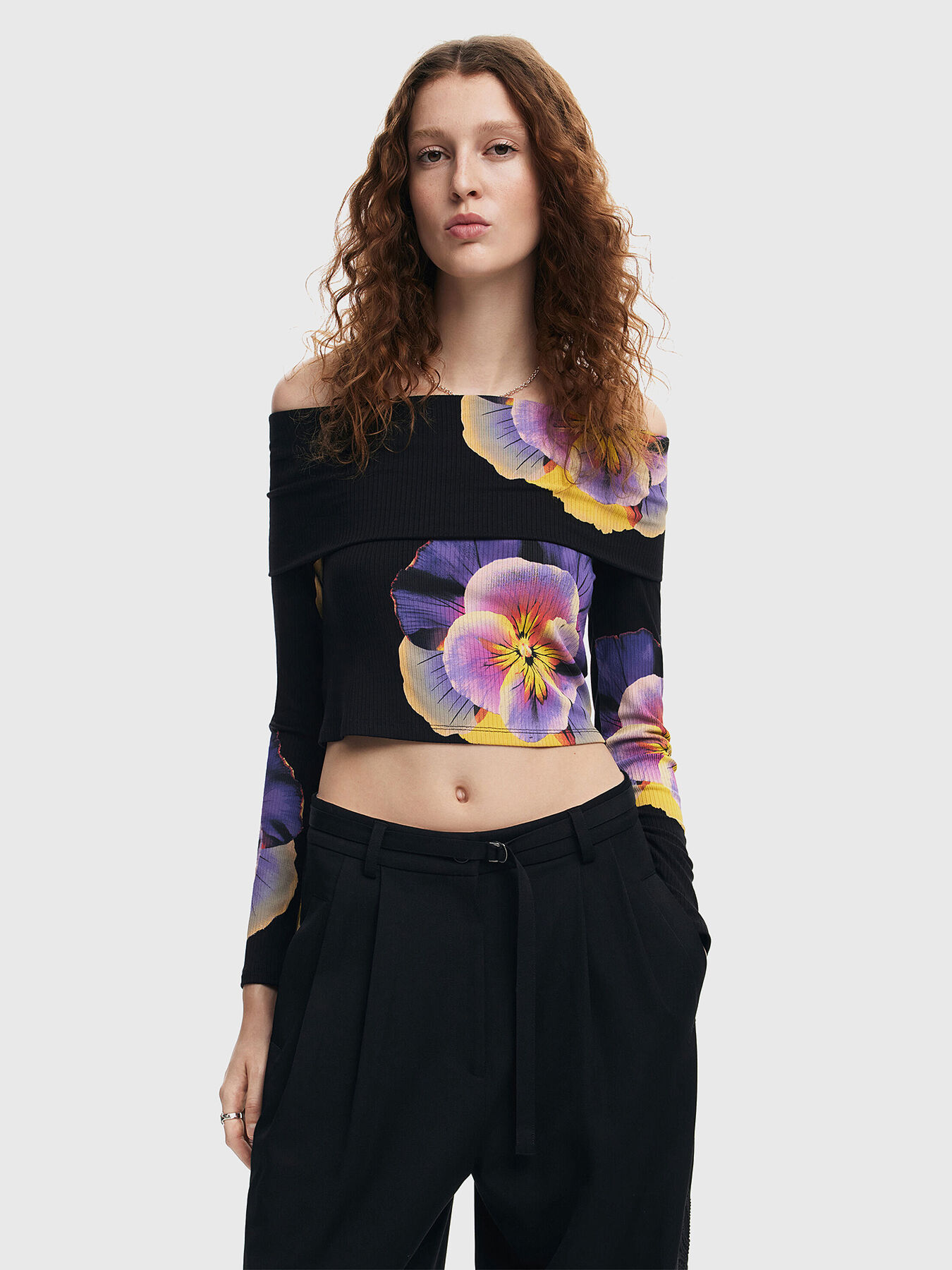 Off the shoulder blouse and floral accents brand DESIGUAL