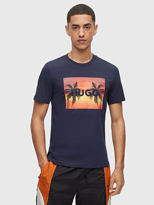 Blue cotton T-shirt with logo print - 1