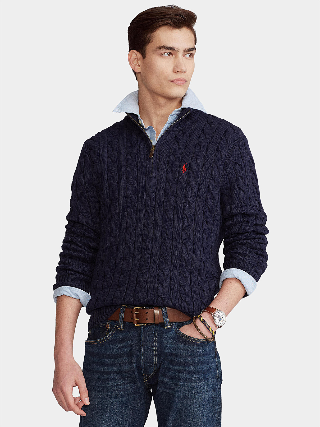 Sweater with zipper and leather detail brand POLO RALPH LAUREN Globalbrandsstore en